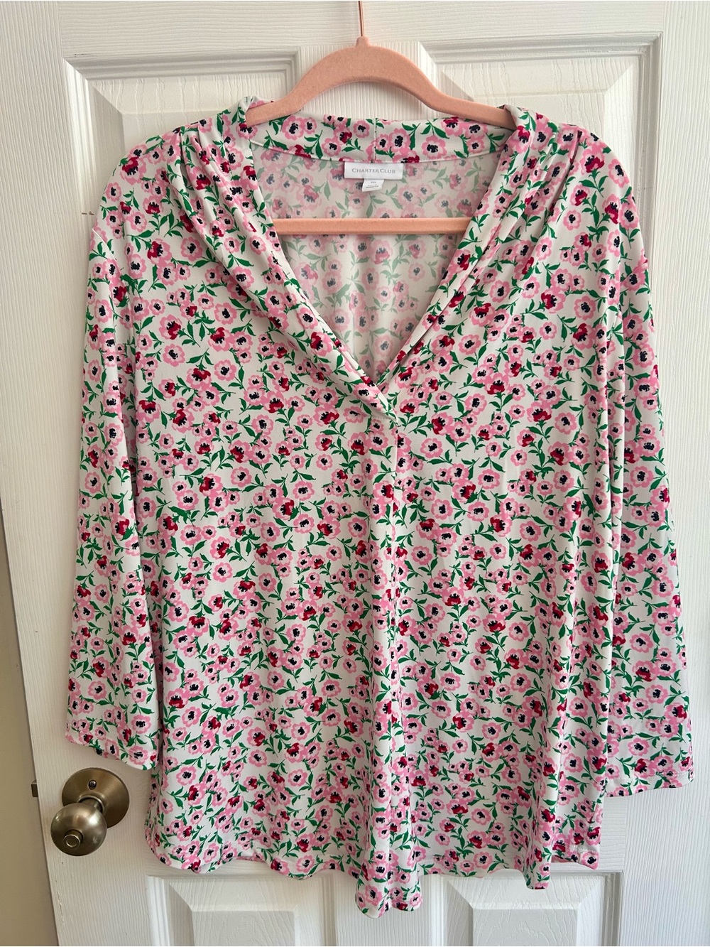 Charter Club Cream Blouse with Pink and Green Floral Print
